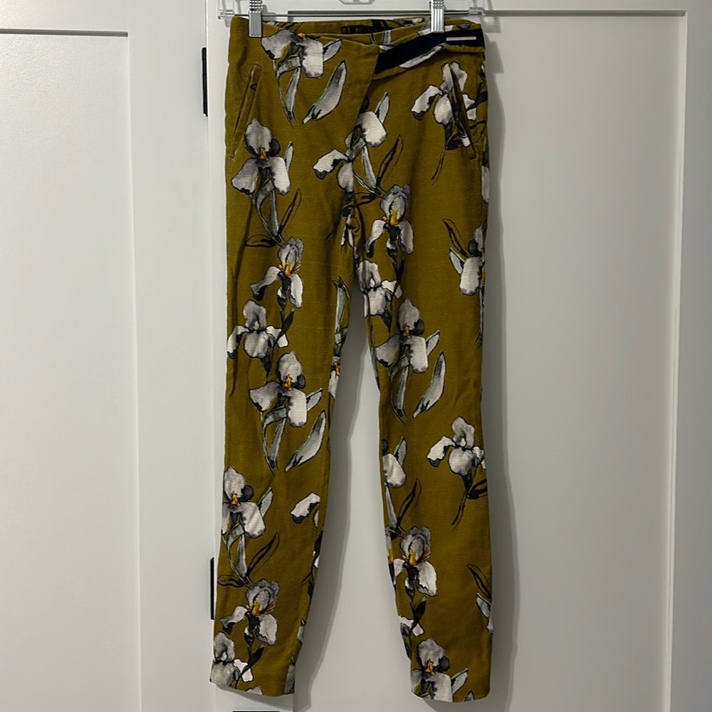 ZARA Mustard Yellow White Orchid Floral Linen Skinny Cigarette Pants